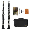Black Bakelite beginner clarinet with 17 nickel-plated keys and protective bag