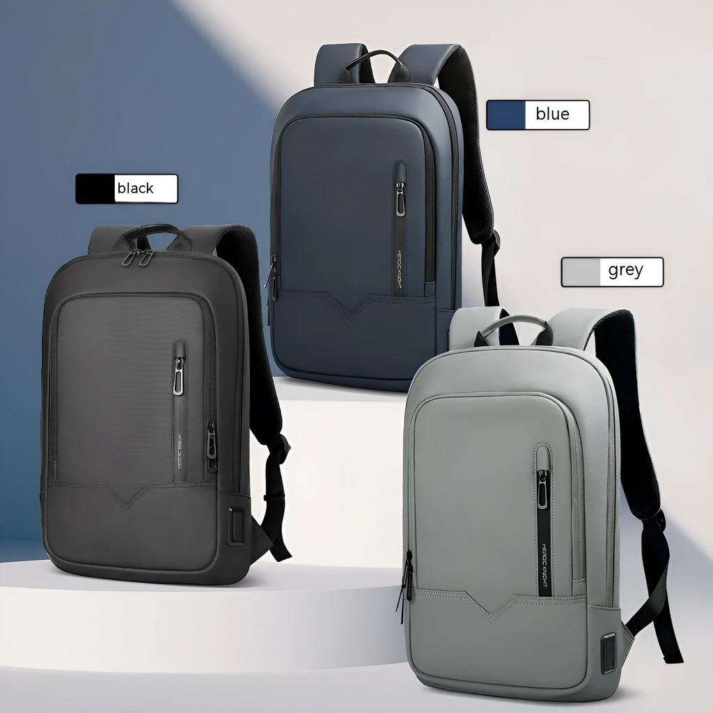 Men's business backpack in Oxford cloth with USB interface, solid colour, gray or blue, under 20L