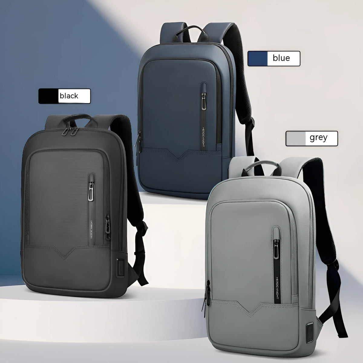 Men's business backpack in Oxford cloth with USB interface, solid colour, gray or blue, under 20L
