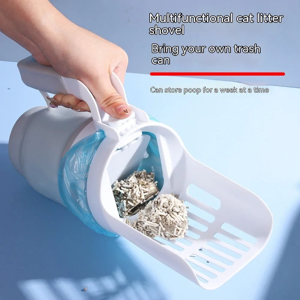 Grey widen cat litter scoop with attached waste bin and foldable bottom, shown with refill bags.
