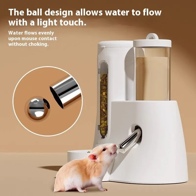 White automatic water bottle holder with attached food basin for a hamster cage.