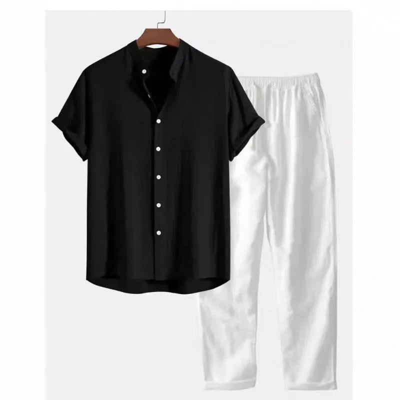 Men's casual linen-style suit set with short sleeve shirt and loose fit trousers in multiple colour options