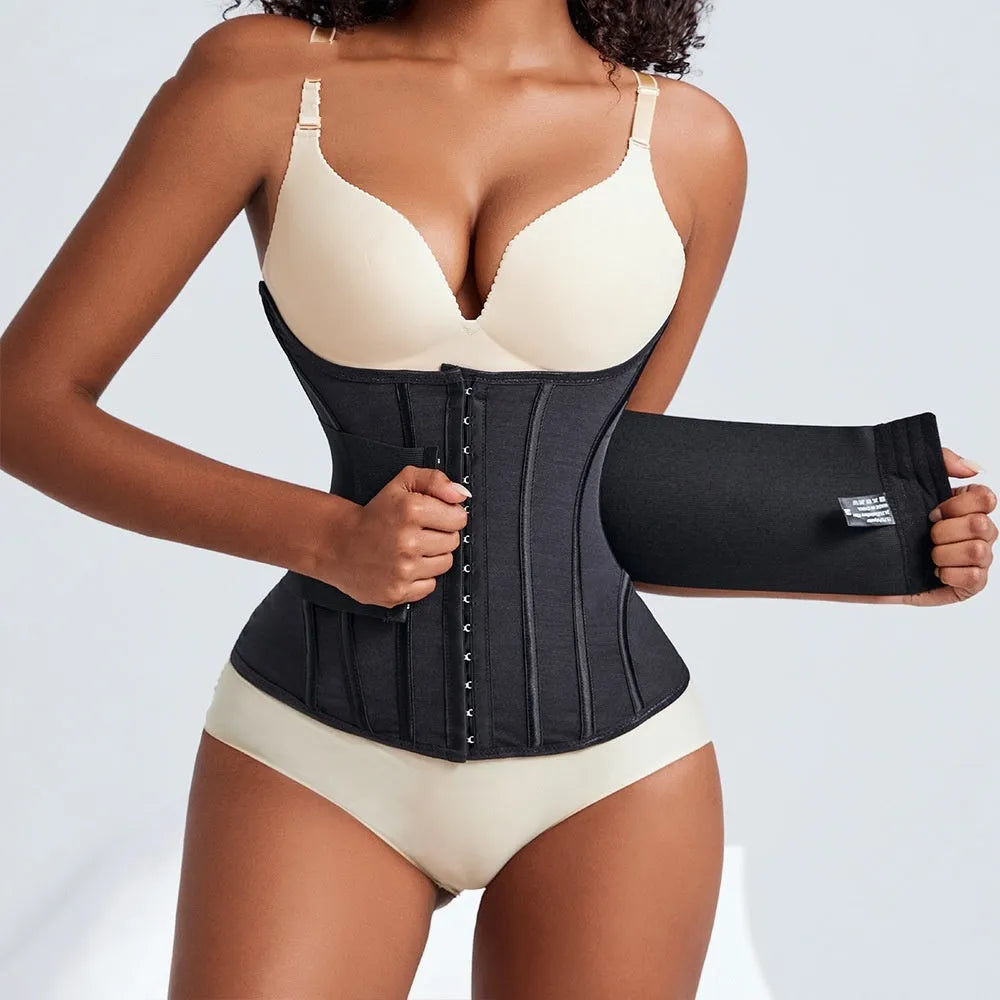 Nylon belly band waist trainer with adjustable tie in black and apricot colours on size chart