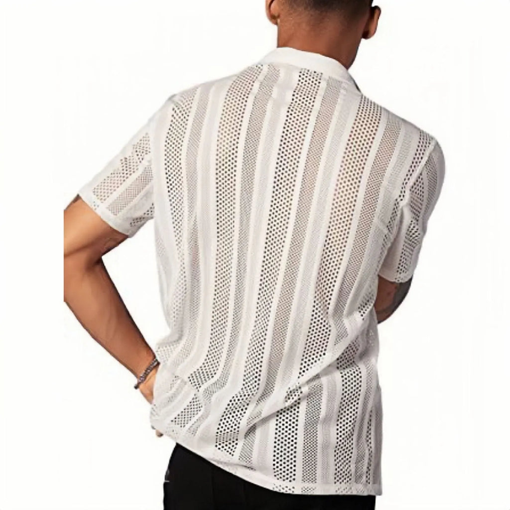Men's black knitted short-sleeve button-up shirt with a cardigan style and Jacquard texture on a hanger.