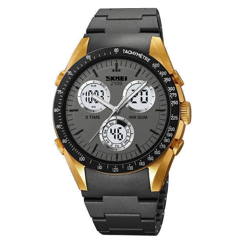 Electronic casual watch with a 50m waterproof rating shown in various colours including camouflage, on a flexible TPU strap.