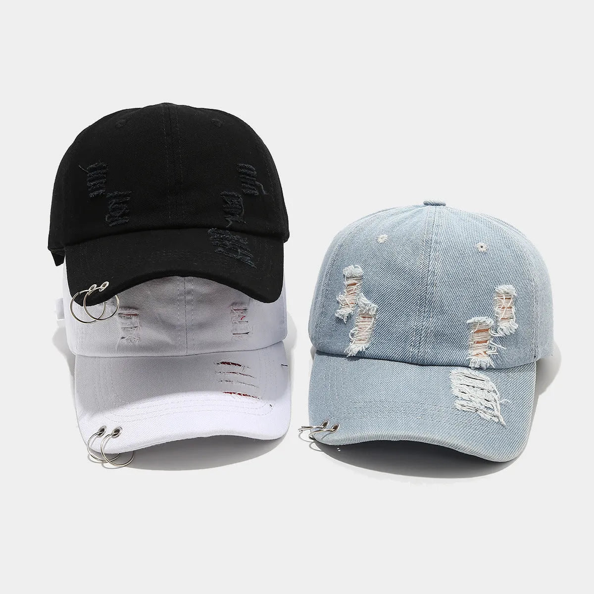 Men's adjustable denim peaked cap with dome crown in light blue jeans colour