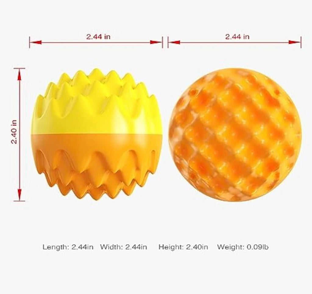 Blue rubber dog ball toy with spiky texture for dental cleaning and squeaky interactive features