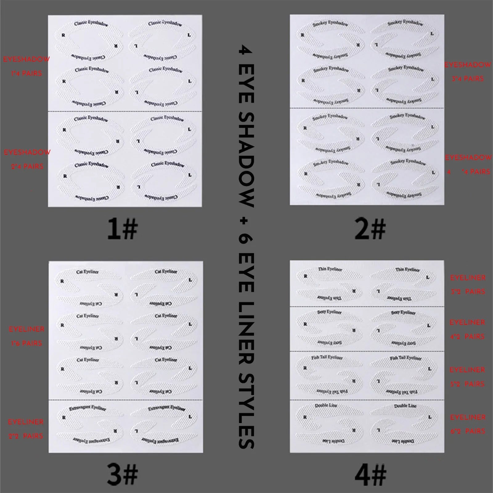 Set of four reusable flexible eyeliner sticker templates for makeup application