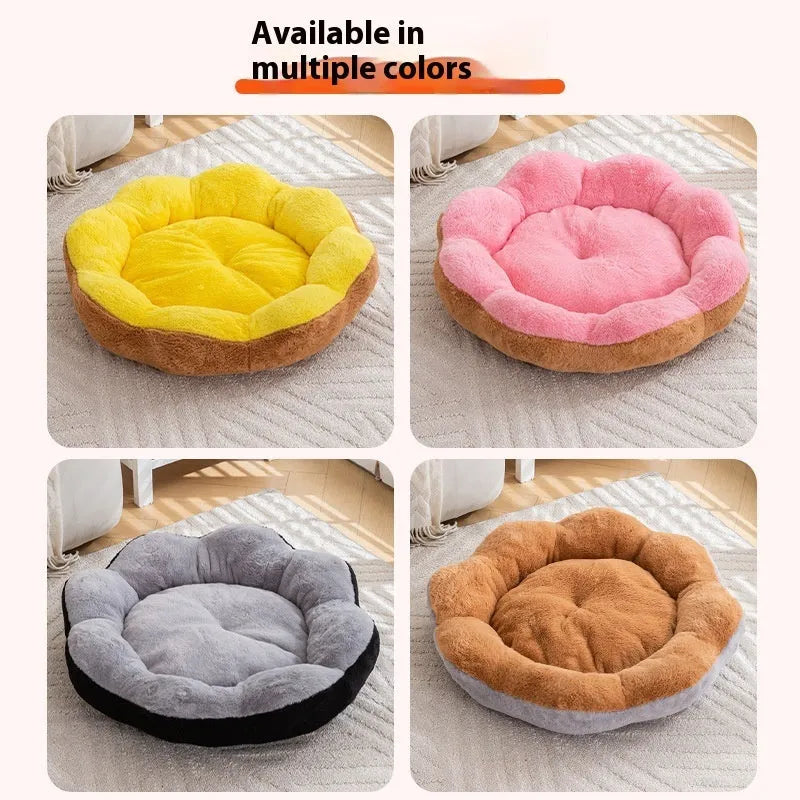 Round cat bed made from thick rabbit plush fabric in brown grey colour.