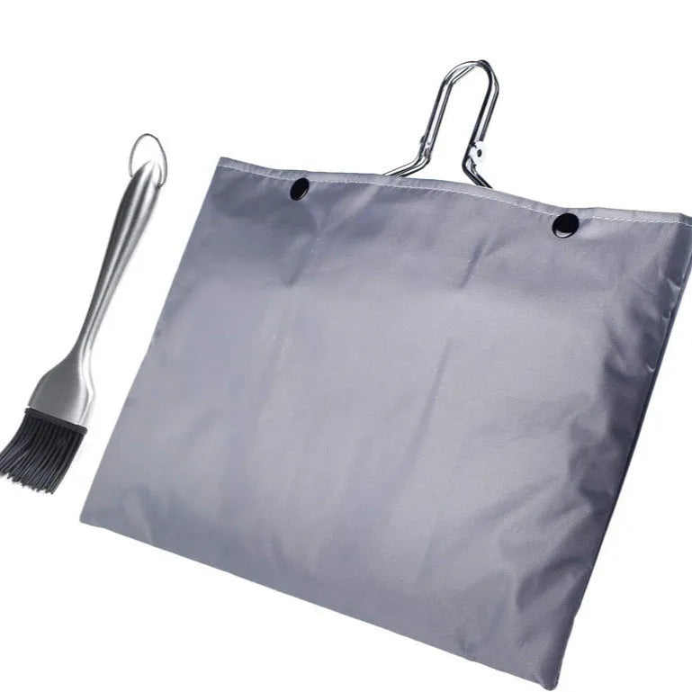 Square stainless steel barbecue mesh basket with folding design and included cleaning brush for outdoor grilling
