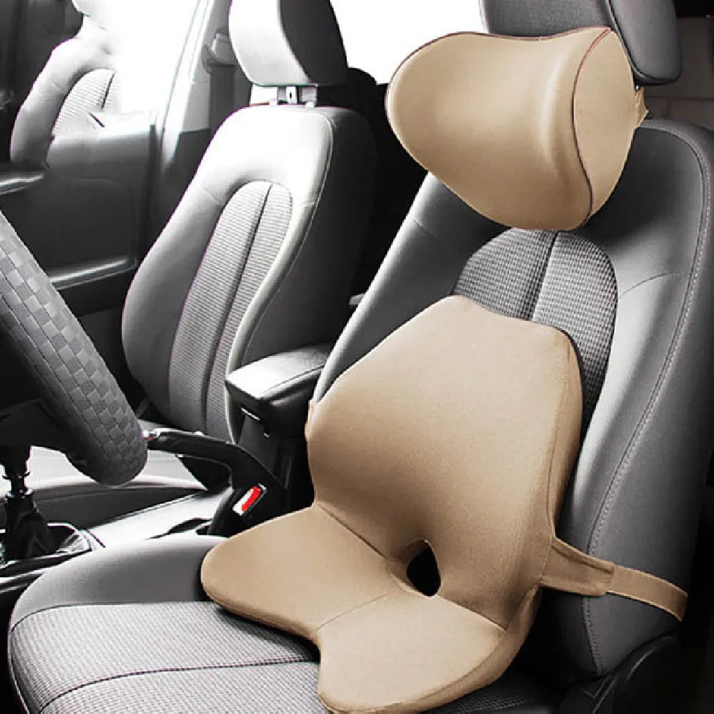Memory foam car lumbar support pillow with adjustable straps in beige colour