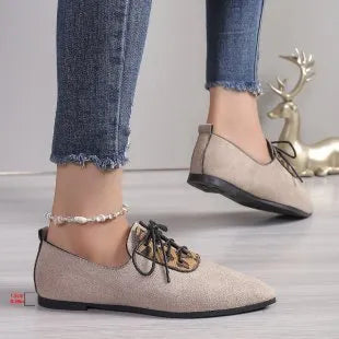 Beige leopard print pointed toe pumps for women in plus sizes.