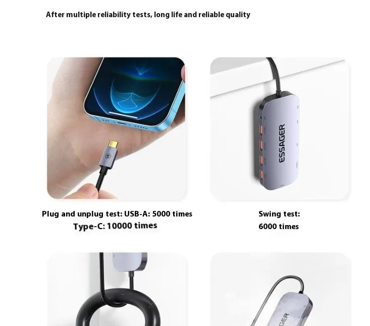 11-in-1 USB-C expansion hub with attached cable and Gigabit Ethernet port on a desk.