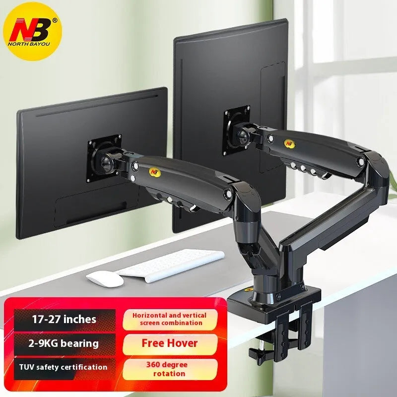 Dual screen computer monitor mounting bracket in gun black with height adjustment mechanism