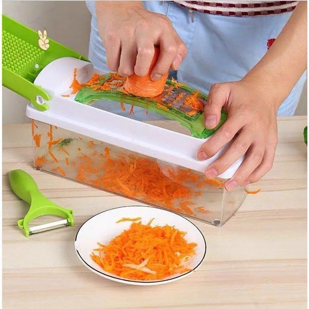 Green 12-piece manual food chopper set with stainless steel blades on a kitchen counter.