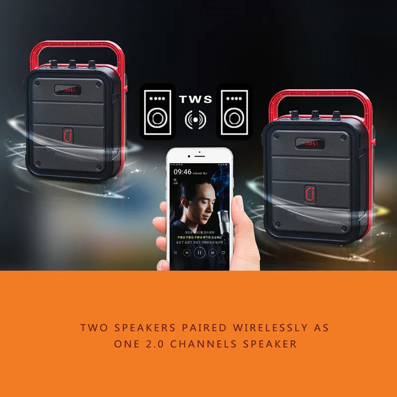 MS62AI portable Bluetooth speaker with wireless microphone measuring 241x145x329mm