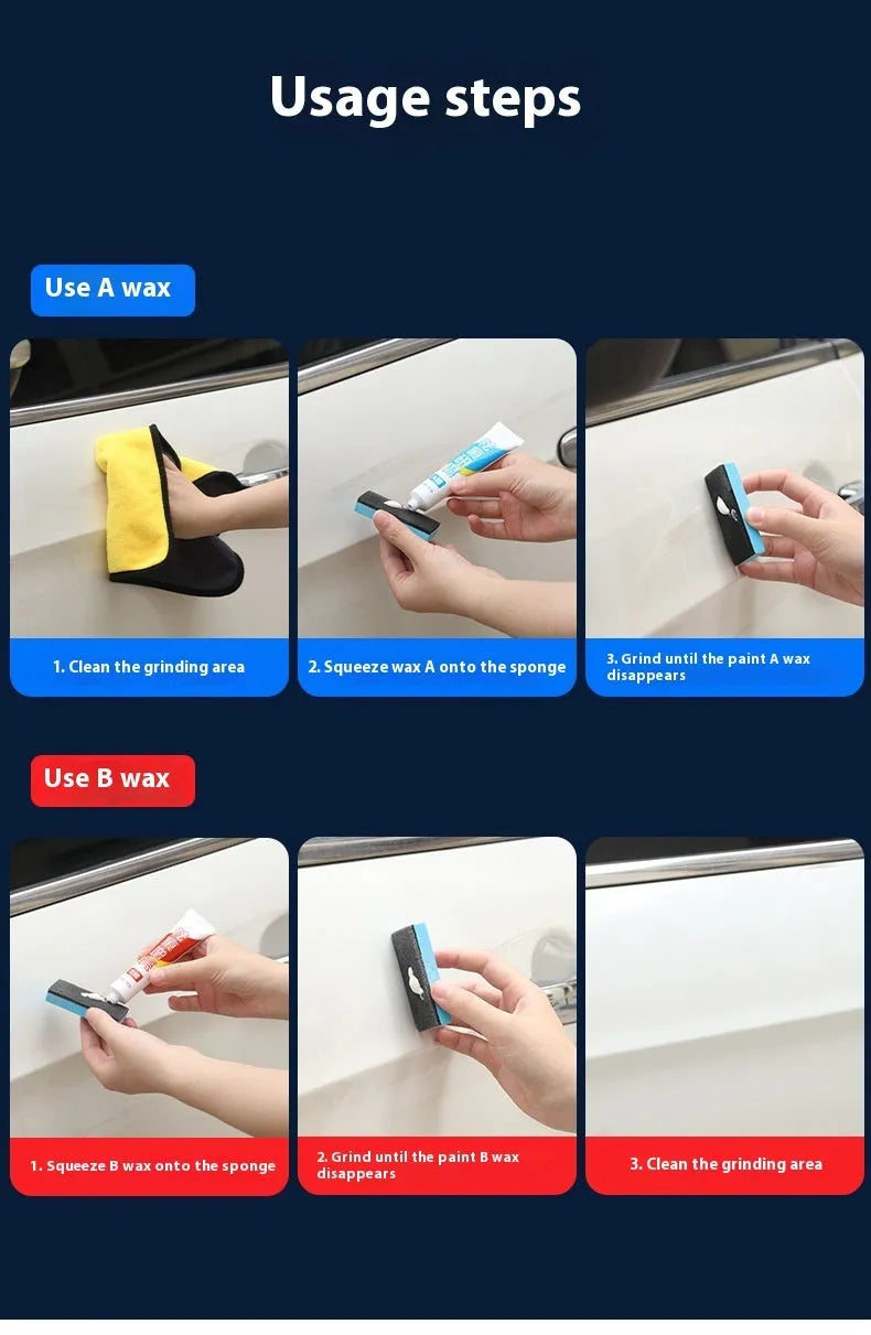 Car repair wax kit containing A and B formulas with frosted sponge mop for paint polishing