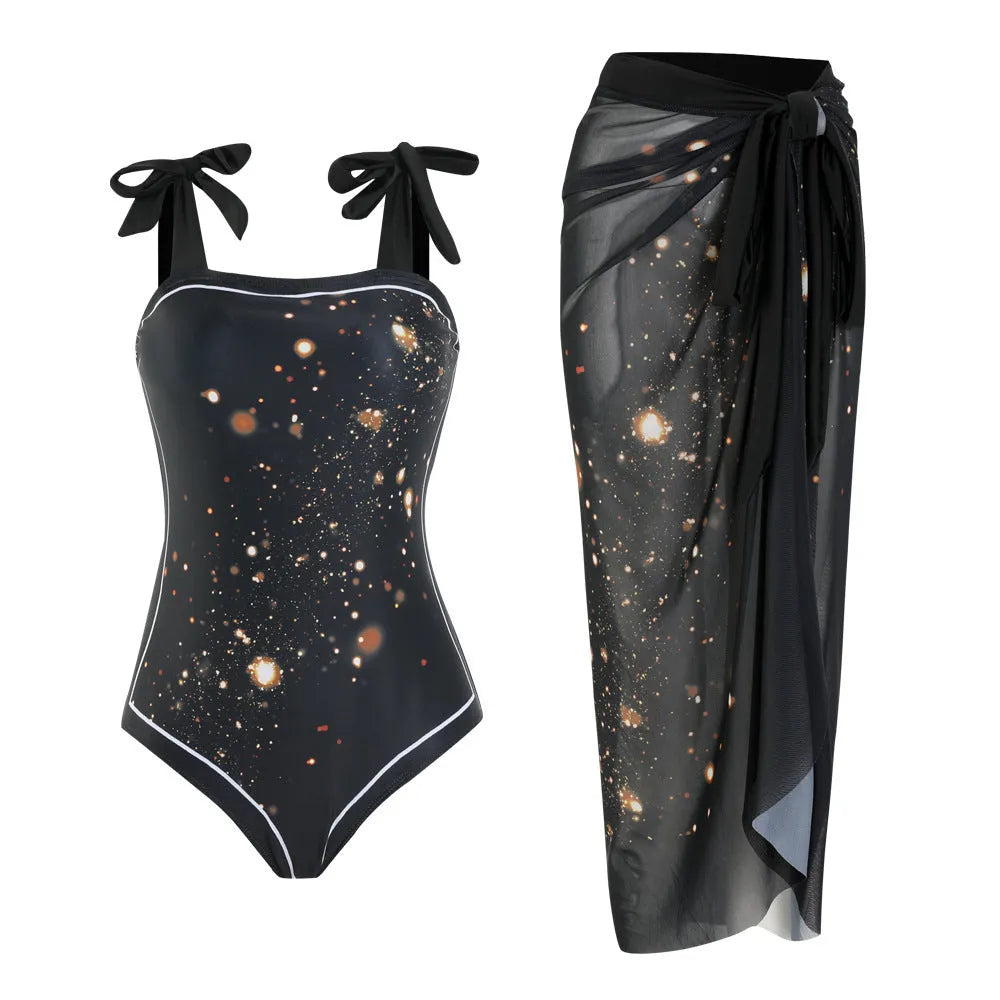 Floral-printed conservative one-piece swimsuit with mesh tube top and matching skirt