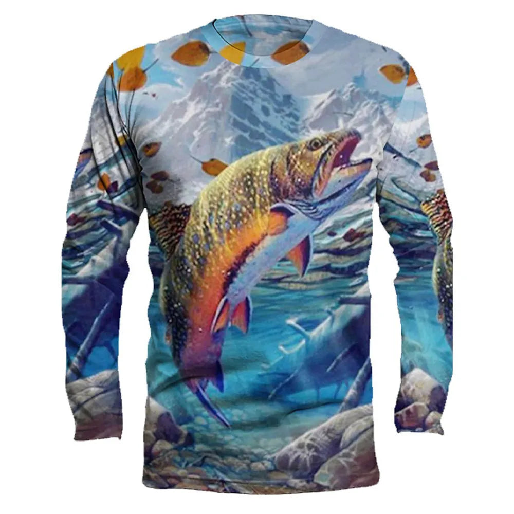Men's round neck pullover top with fish print design in milk silk fabric available in multiple colors and sizes