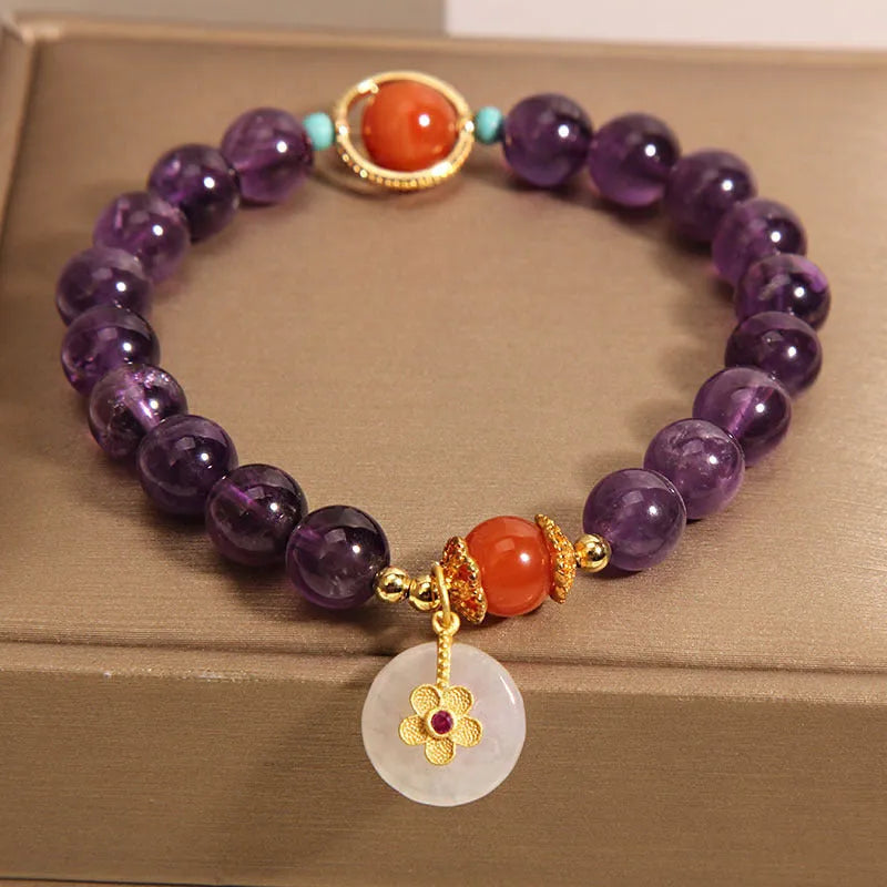 Amethyst crystal bracelet for women with jade safety knot and small flower inlay