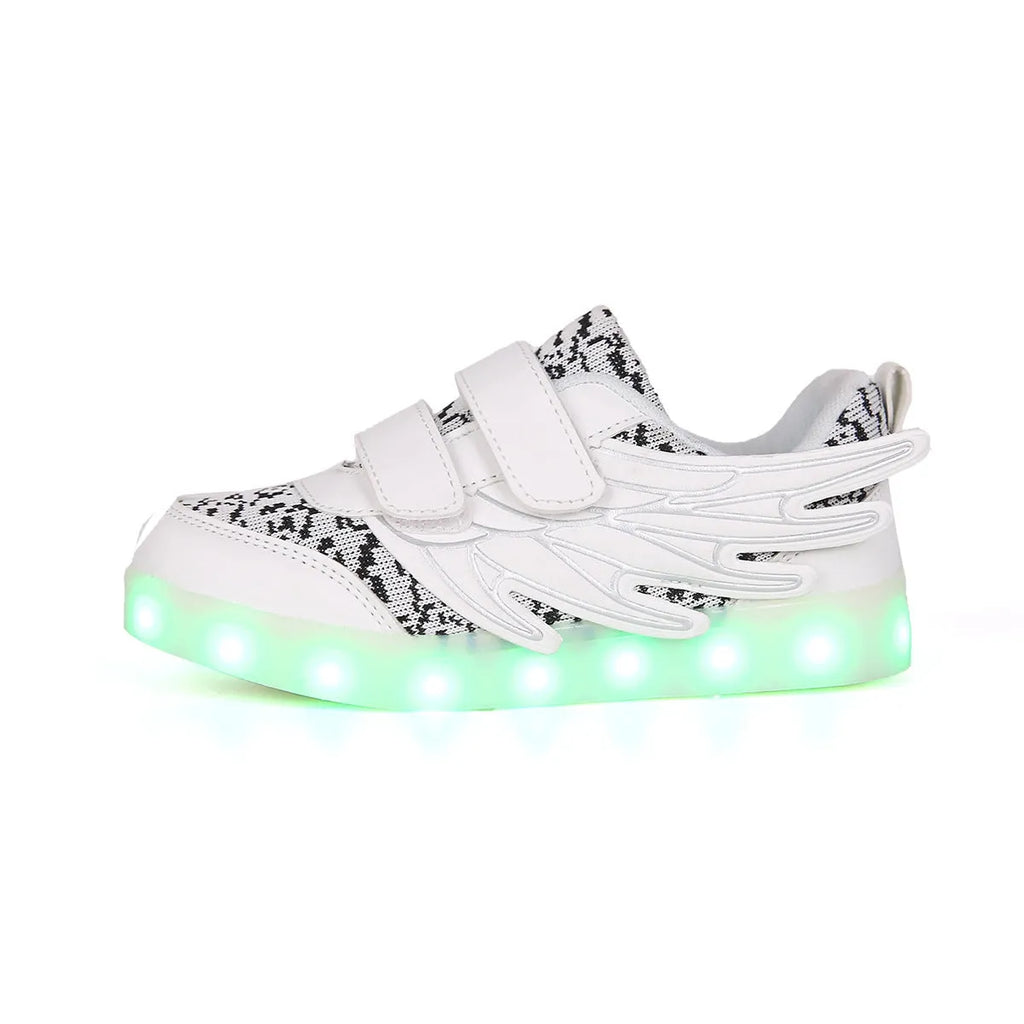 Children's plum red and white LED light up sneakers with USB charging port and hidden mode switch.