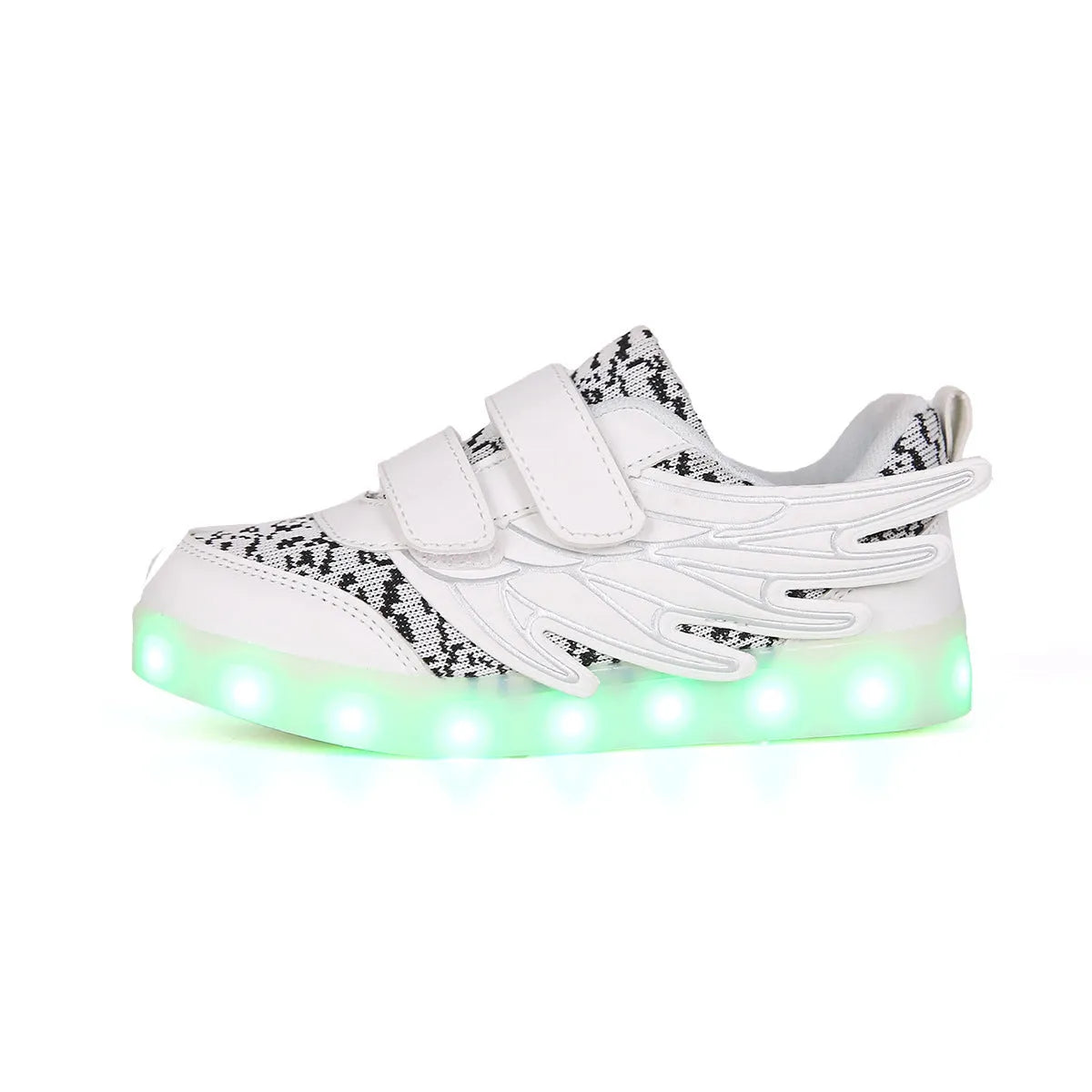 Children's plum red and white LED light up sneakers with USB charging port and hidden mode switch.