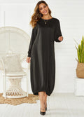 Black and grey lace-up crew neck loose long lantern dress made of knitted polyester in Japanese casual style