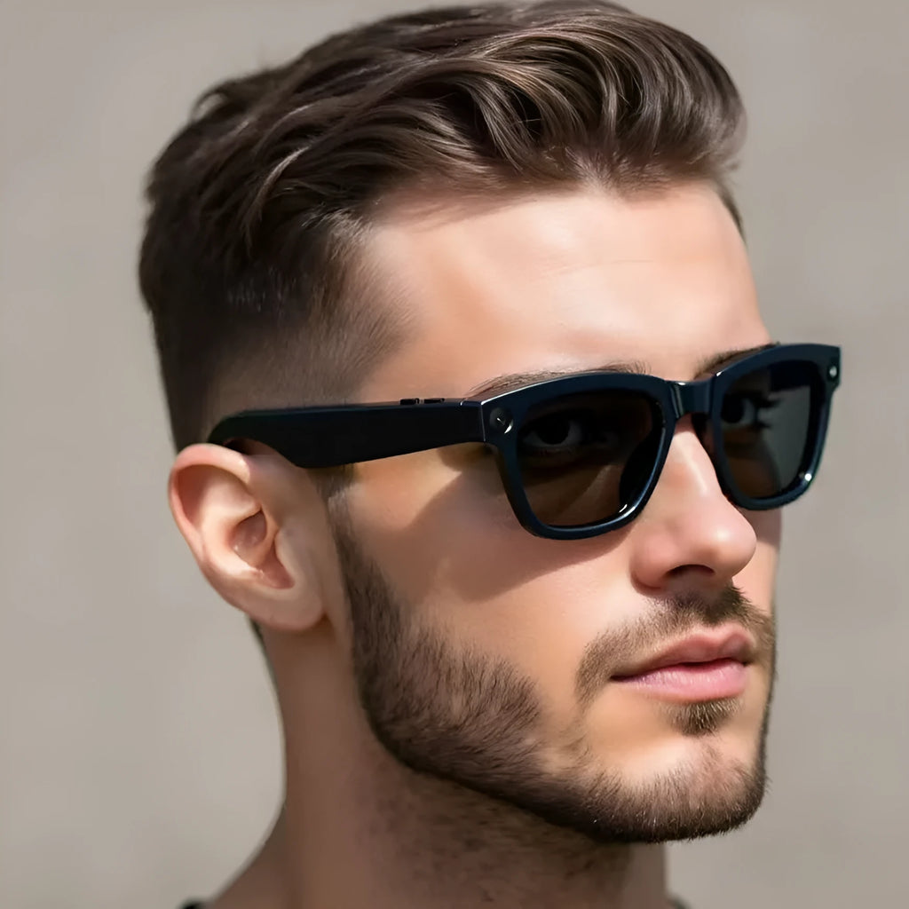 M01 AI Translation Video Glasses with HD camera on black and transparent lens options