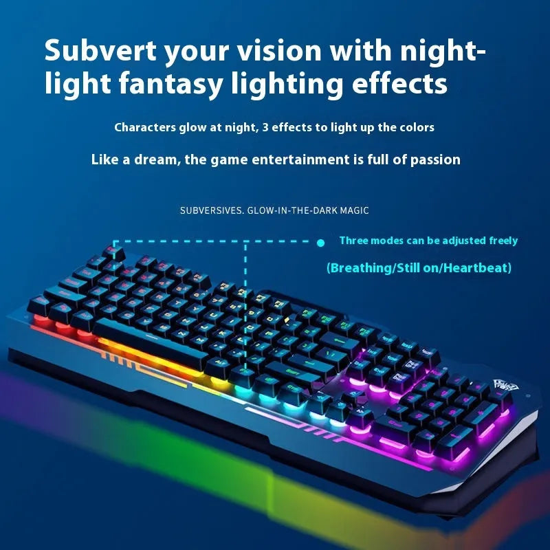 Black and white wired keyboard mouse and headset bundle with RGB LED backlighting on desk