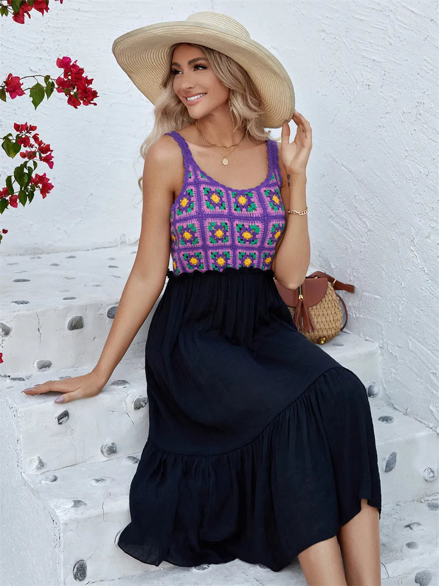 Purple sleeveless dress with hand-hooked flower stitch embroidery on cotton blend fabric