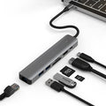 Silver LQT-LH07 7-in-1 USB-C hub and card reader for laptops showing multiple ports.