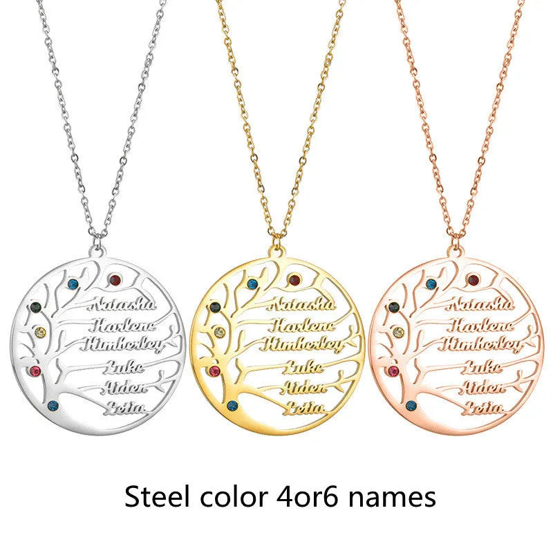 Personalized stainless steel Tree of Life necklace with custom name, gold or rose gold or steel colour clavicle chain
