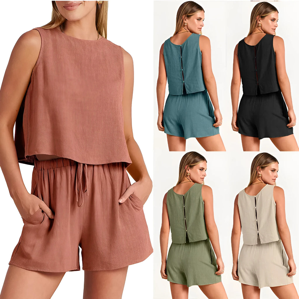 Women's summer two-piece outfit with sleeveless top and drawstring shorts in rayon linen blend