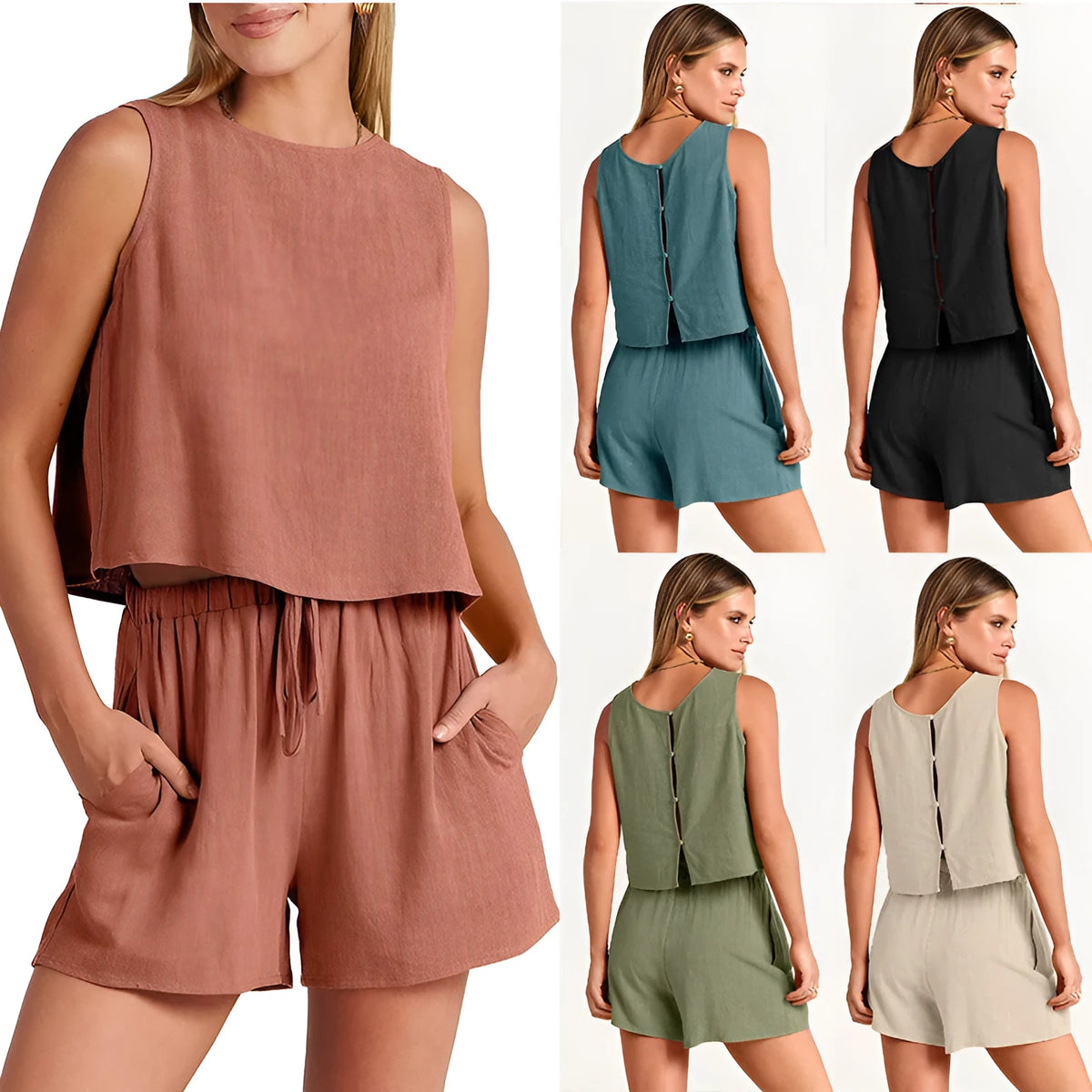 Women's summer two-piece outfit with sleeveless top and drawstring shorts in rayon linen blend