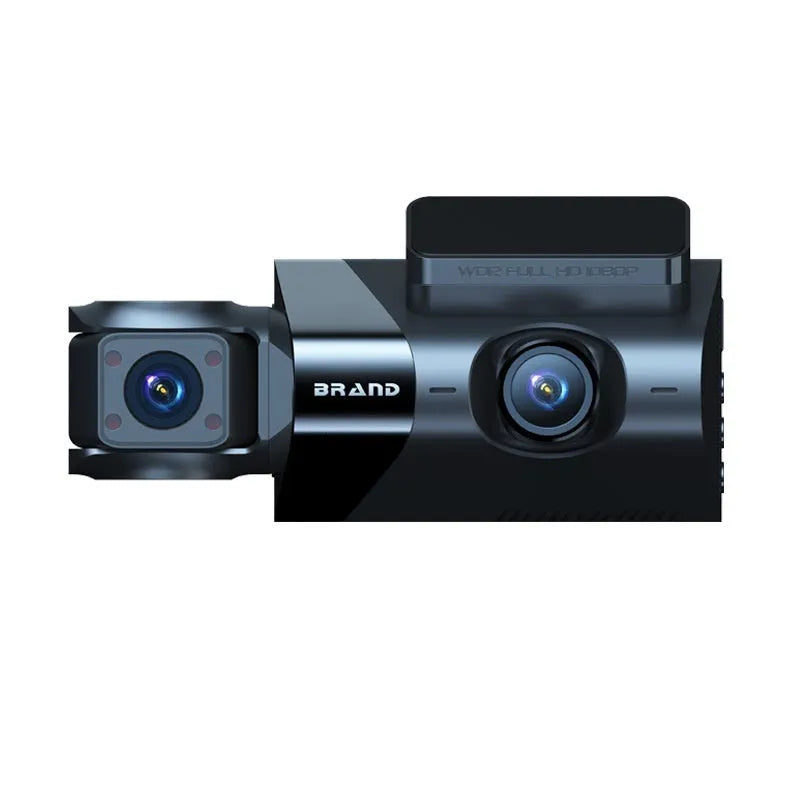 Black car dash camera with 5-inch screen showing front and rear recording with GPS and mobile phone WiFi interconnection