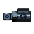 Black car dash camera with 5-inch screen showing front and rear recording with GPS and mobile phone WiFi interconnection