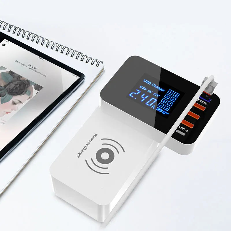 White multi USB port fast charger with wireless charging pad and interchangeable EU UK US plug adapters