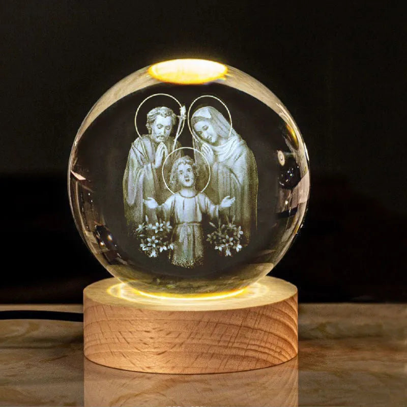 White crystal ball on solid wood warm light base decorative desk ornament