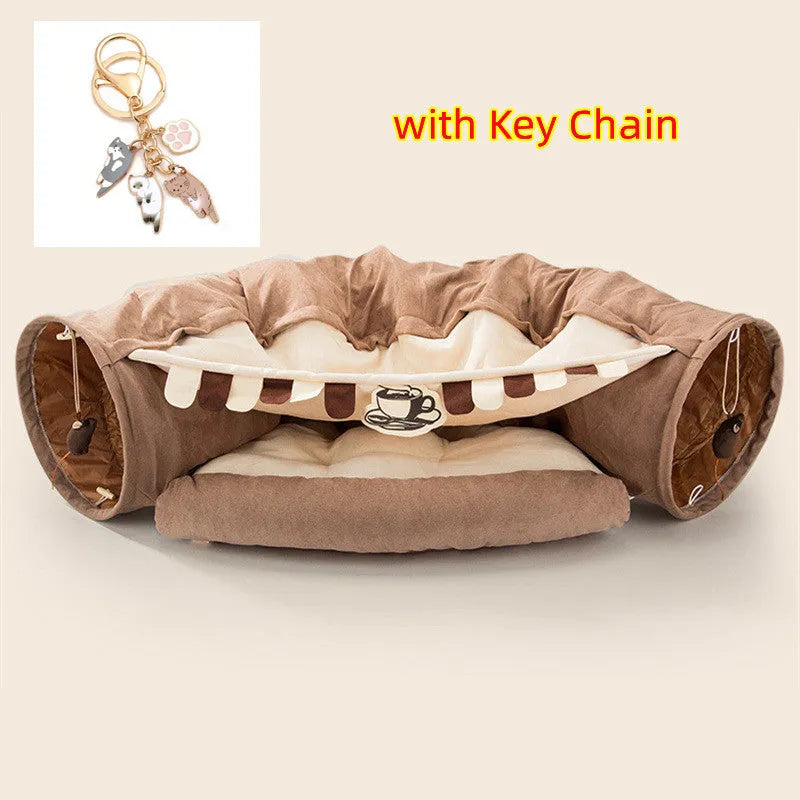 Collapsible fabric cat tunnel toy in bar, coffee, matcha, or pink colours, showing 45cm dimensions