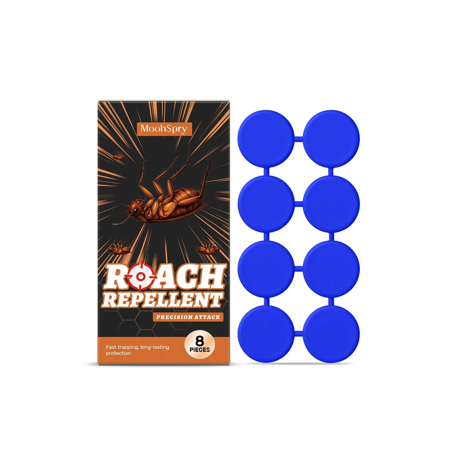 Pack of eight cockroach bait formula stickers and glue pads for indoor kitchen pest control.
