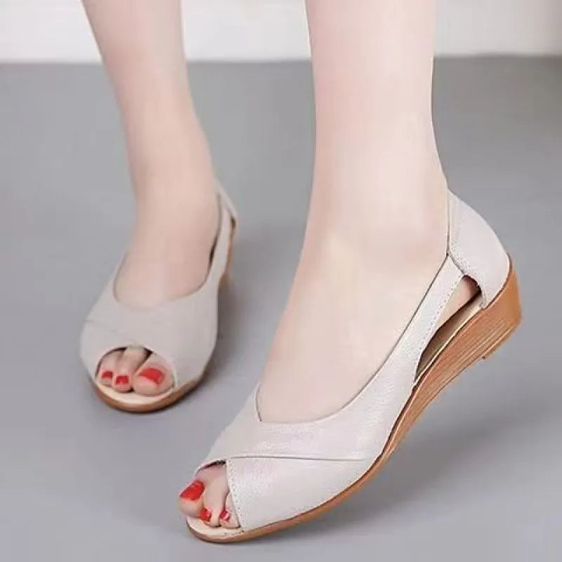 Women's casual peep toe sandals with an ankle buckle in beige, black, and peacock blue.