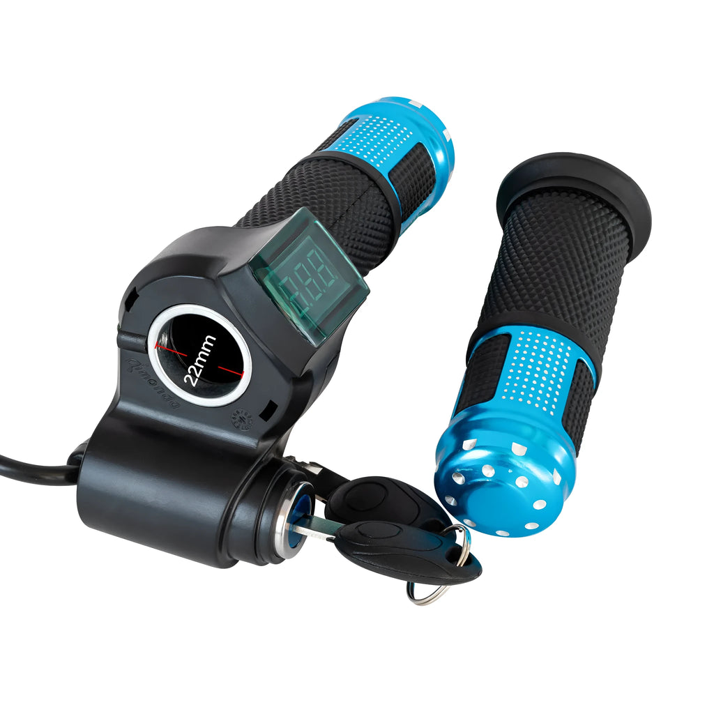 Electric vehicle handlebar grip in blue, red, silver, and yellow colours, showing 5-core wiring connector.