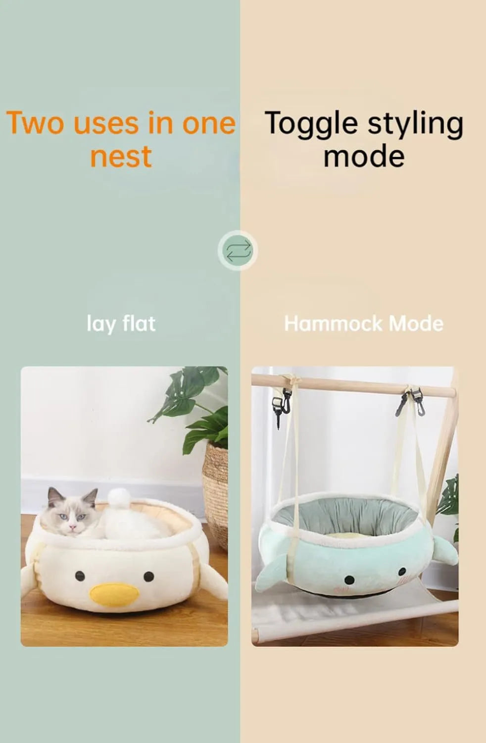 Green dinosaur-shaped cat bed shown both flat as a sofa and hanging as a hammock for small pets.