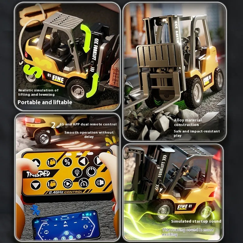 1:64 scale Bluetooth remote control alloy forklift model with accessories on training course