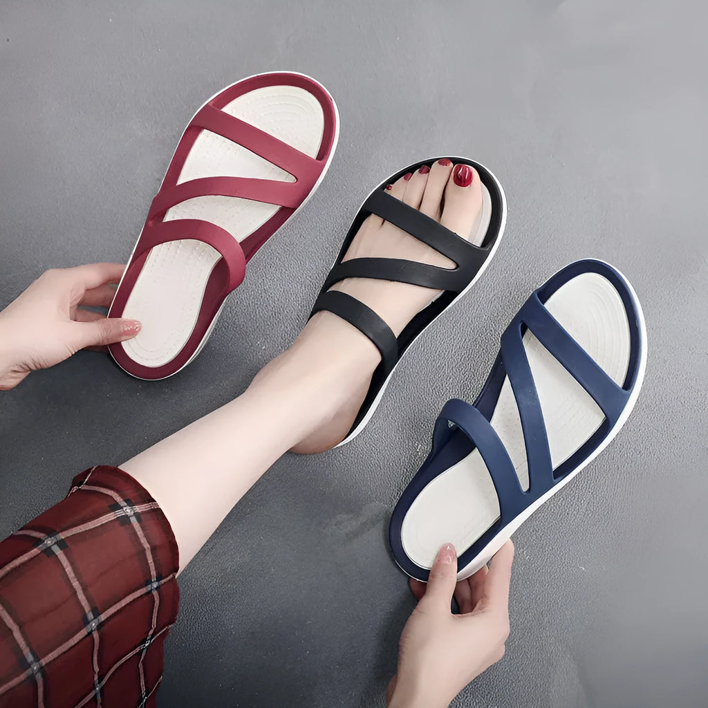 Women's casual beach sandals in PP material showing colour options: red, purple, blue, black, grey, and pink