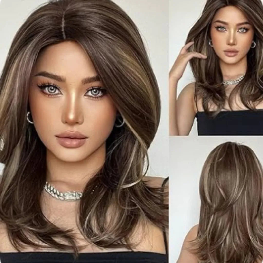 Mid-length platinum gradient curly wig with long bangs on a display stand