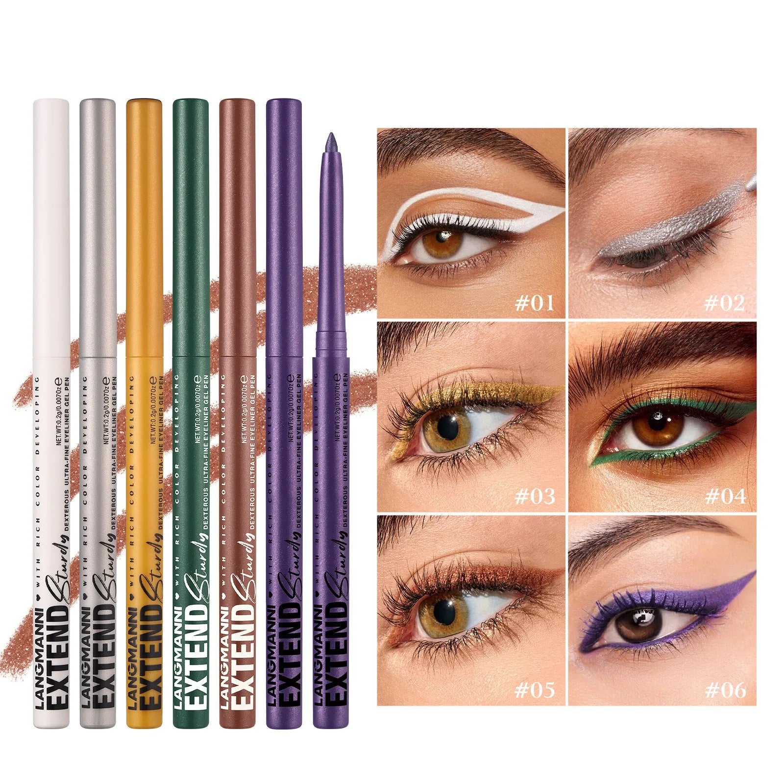 12 colourful gel glitter eyeliner pencils set showing matte metallic and pearl finishes
