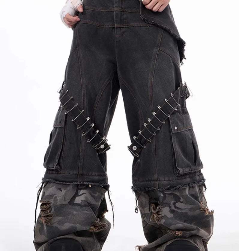 Men's grey jeans with camouflage splicing pattern and pin ribbon detailing