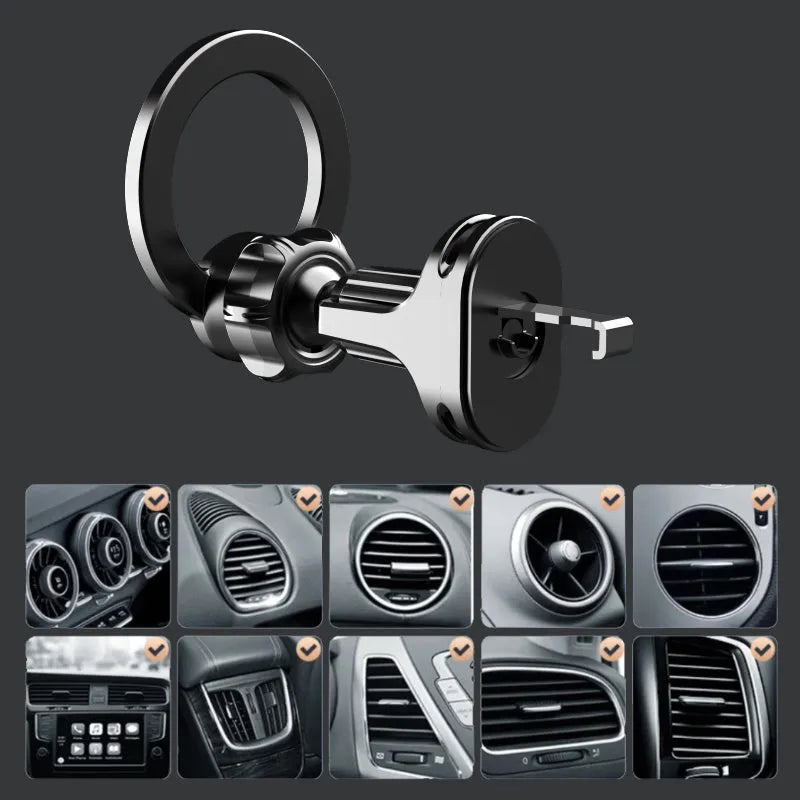 Black magnetic suction car air vent phone holder mounted on a vehicle vent.