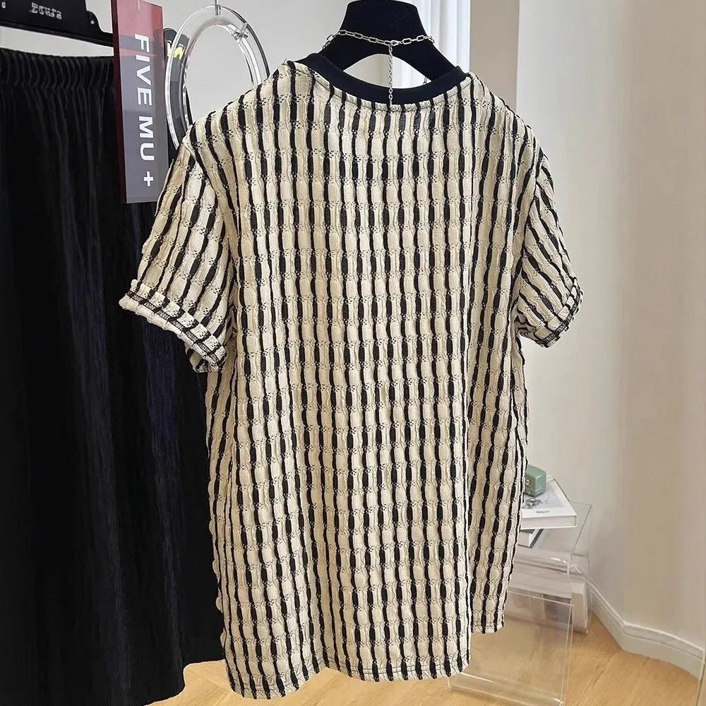 Men's black striped casual shirt with loose fit and short sleeves in silk linen blend fabric